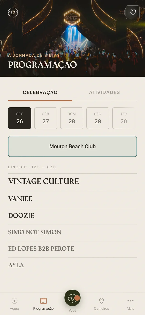 Tela Programação do app do Réveillon Carneiros