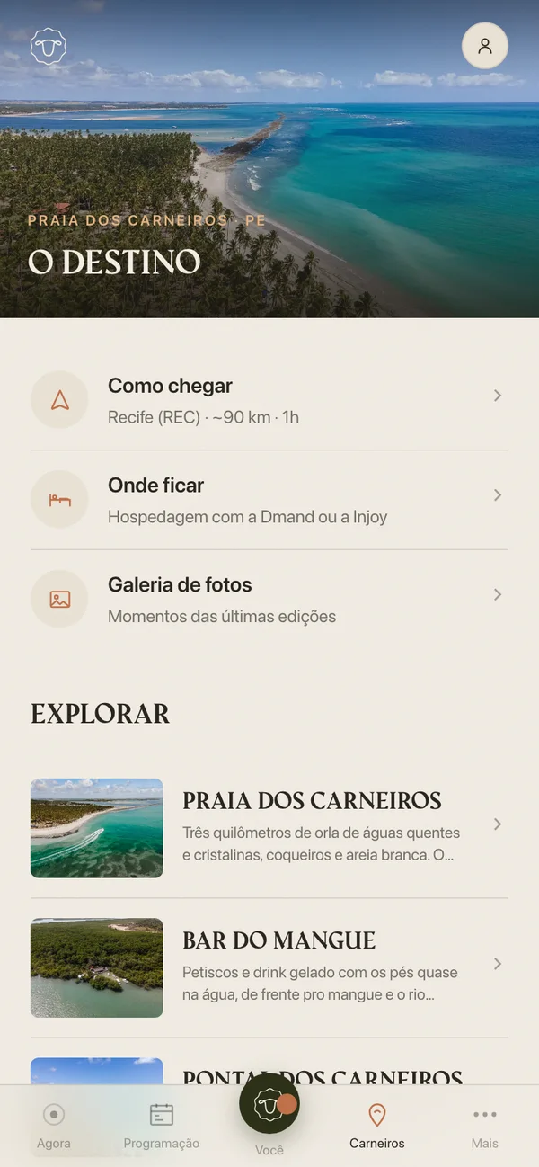 Tela Carneiros do app do Réveillon Carneiros